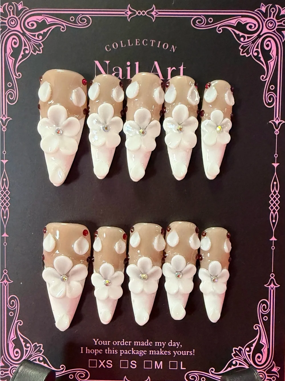 3D Floral Stiletto Press-On Nails in Nude & White
